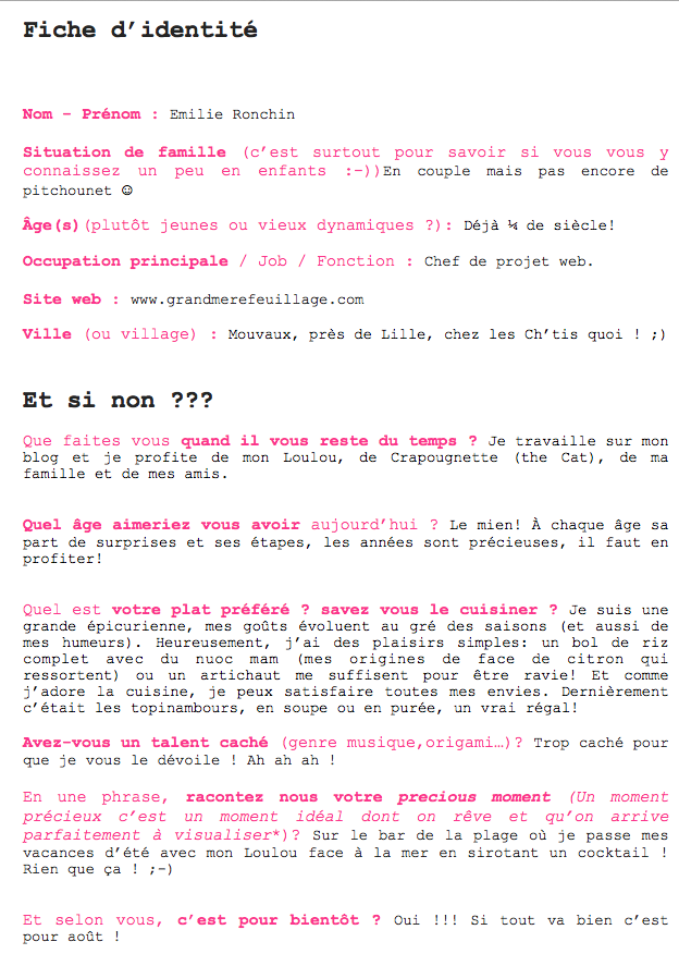 Questionnaire Rose Philange Grand Mère Feuillage